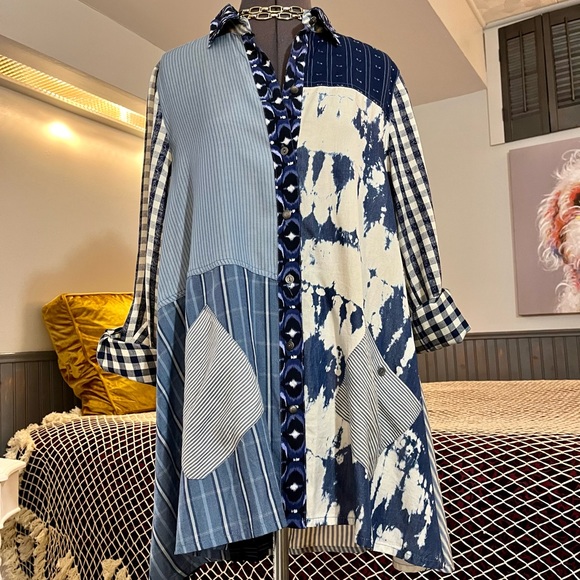 John Mark Tops - John Mark Mix Print Pattern Plaid Blue Boho Top